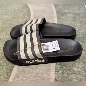 Adidas Charcoal Slides with Putty Gray Stripes